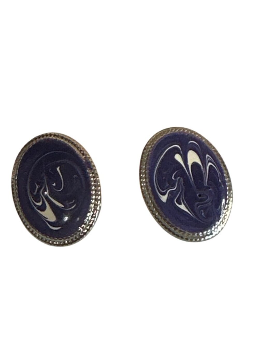 Oval Purple Swirl Pattern Stud Earrings Silver-Tone Border 1" Boho Artsy Elegant